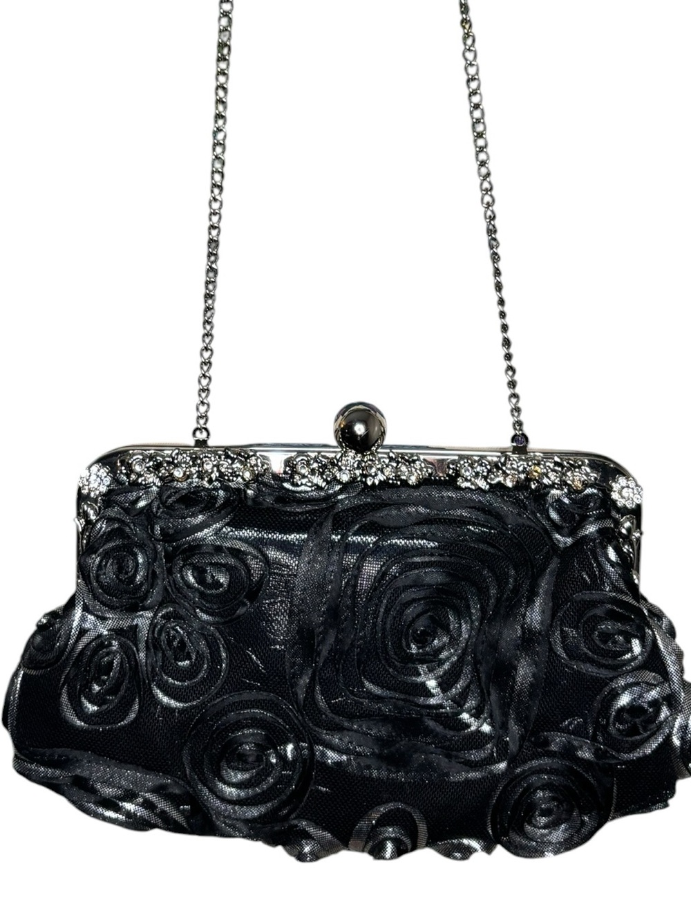 Black Rosette Evening Clutch Bag w/ Rhinestone Kiss Lock & Chain Strap
